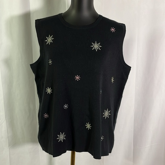 CJ Banks Black Embroidered Snowflake Print Sleeveless Shell Sweater - Picture 1 of 16